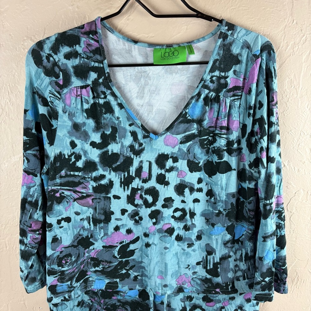 LOGO Lori Goldstein Blue Animal Print Knit Dress Small Pockets 3/4 sleeves - Picture 2 of 9